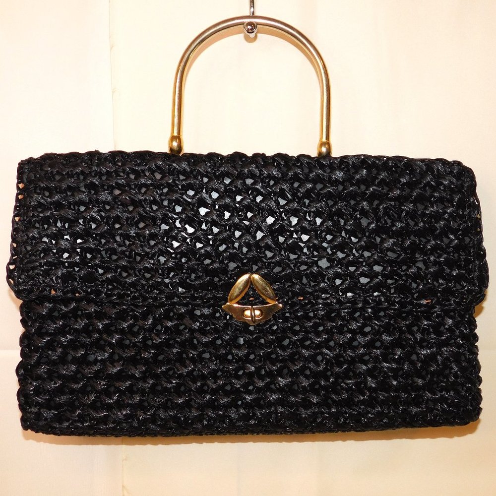 Made In Italy Woven Black Handbag 100% Visca With Gold Tone Handle Vintage